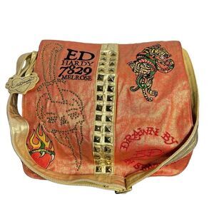 Ed Hardy vintage metallic studded patchwork embroidered flap messenger bag